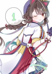  1girl 393_kani_(sakusa_kani) :3 absurdres animal_hair_ornament arm_up beret blush braid brown_hair closed_mouth cowboy_shot finger_counting floating_hair flower gloves hair_flower hair_ornament hair_ribbon half_gloves hand_up hashtag-only_commentary hat highres idol_clothes index_finger_raised inui_toko jacket long_hair looking_at_viewer looking_back low_twin_braids multicolored_hair nijisanji one_eye_closed puffy_short_sleeves puffy_sleeves purple_gloves purple_hat purple_ribbon red_eyes ribbon sanbaka_anniversary_outfit short_sleeves smile solo speech_bubble spoken_number streaked_hair turning_head twin_braids twitter_username two-tone_hair very_long_hair virtual_youtuber watermark white_background white_hair white_jacket white_wrist_cuffs wrist_cuffs wrist_ribbon 