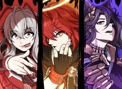  120_of_their_potential_(meme) 1boy 2girls antenna_hair arknights black_gloves black_hair black_jacket che3zy clenched_hand column_lineup commentary english_commentary exusiai_(arknights) exusiai_the_new_covenant_(arknights) fingerless_gloves gloves halo head_wreath horns jacket jujutsu_kaisen looking_at_viewer meme multicolored_hair multiple_girls nail_polish open_mouth parody phantom_(arknights) red_hair red_horns red_jacket red_nails tongue tongue_out traditional_halo tragodia_(arknights) two-tone_hair w_(arknights) white_hair white_halo wis'adel_(arknights) yellow_eyes 