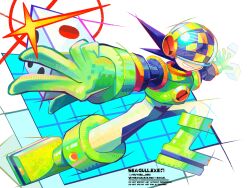  1boy absurdres armor black_hair bluesky_username bodysuit boots buysell_bird dice double_soul_(mega_man) full_body green_armor head-mounted_display helmet highres male_focus mega_man_(series) mega_man_battle_network_(series) megaman.exe netnavi numberman.exe short_hair smile solo twitter_username 