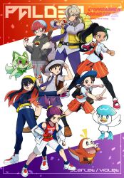  3boys 4girls absurdres arven_(pokemon) backpack bag black_hair black_hoodie black_socks blue_hair blue_jacket blue_pants blue_socks braid brown_hair carmine_(pokemon) clenched_hand collared_shirt copyright_name crossed_bangs florian_(pokemon) fuecoco gloves green_hair grey_hair grey_shirt hand_in_pocket hat highres holding holding_poke_ball hood hoodie jacket juliana_(pokemon) kieran_(pokemon) long_sleeves multicolored_hair multiple_boys multiple_girls naranja_academy_school_uniform necktie nemona_(pokemon) open_clothes open_jacket open_mouth pants penny_(pokemon) poke_ball poke_ball_(basic) pokemon pokemon_(creature) pokemon_sv ponytail purple_hair quaxly red_hair sawarabi_(sawarabi725) school_uniform shirt shoes shorts single_glove socks sprigatito standing streaked_hair uva_academy_school_uniform vest white_jacket white_shirt white_shoes yellow_bag 