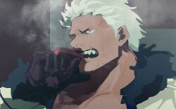  1boy a_ddove arm_up black_gloves cigar commentary gloves jacket male_focus one_piece red_eyes sanpaku short_hair short_sideburns sideburns smoke smoker_(one_piece) smoking solo teeth unfinished white_hair white_jacket 