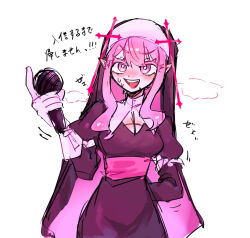  1girl :d arm_behind_back belt blush breasts bright_pupils brown_dress brown_veil colored_eyelashes commentary_request covered_groin cowboy_shot cross_hat_ornament cxolzayti1bx36l detached_collar double-parted_bangs dress facing_viewer fang friday_night_funkin' frilled_sleeves frills gloves hat heavy_breathing highres holding holding_microphone humanization index_finger_raised layered_sleeves long_sleeves looking_ahead medium_breasts microphone nose_blush nun nun_headdress open_mouth pencil_dress pink_belt pink_eyes pink_hair pink_veil pointy_ears puffy_short_sleeves puffy_sleeves sarvente_(friday_night_funkin') short_hair_with_long_locks short_over_long_sleeves short_sleeves sidelocks simple_background sketch sleeve_cuffs smile solo standing sweat tareme teeth tongue translation_request two-sided_veil upper_teeth_only v-shaped_eyebrows veil white_background white_gloves white_pupils 