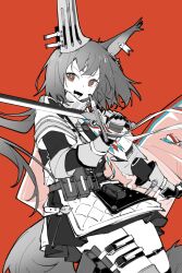  1girl animal_ears arknights armor belt brown_eyes chinese_commentary commentary_request cowboy_shot dress fang flametail_(arknights) gauntlets highres holding holding_sword holding_weapon long_hair looking_at_viewer open_mouth orange_background partial_commentary partially_colored piaoliu_ping_ping_ping_pingzi pouch simple_background smile solo standing sword tail thigh_pouch thigh_strap weapon 