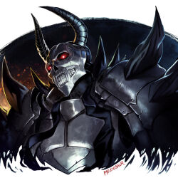 1boy armor artist_name cropped_torso death_knight_(fire_emblem) fire_emblem fire_emblem:_three_houses full_armor glowing glowing_eyes horns male_focus meziosaur solo 