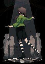  1girl 4others black_shoes black_shorts black_socks blush_stickers brown_hair charlotte_emily checkered_floor commentary crying five_nights_at_freddy's five_nights_at_freddy's_2 green_shirt hair_over_shoulder hashtag-only_commentary highres long_hair low_ponytail multiple_others null_(lllllljllllljll) ponytail shirt shoes shorts single_shoe socks spotlight streaming_tears striped_clothes striped_socks tears the_puppet_(fnaf) two-tone_socks water watermark white_socks 