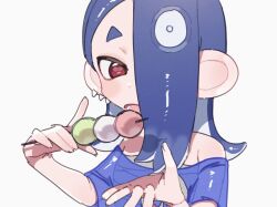  1girl blue_hair blue_shawl cephalopod_eyes chest_sarashi commentary_request dango earrings eating food hair_over_one_eye holding holding_food jewelry koyubisss long_hair looking_at_viewer multiple_earrings octoling red_eyes red_pupils sarashi shawl shiver_(deep_cut_outfit)_(splatoon) shiver_(splatoon) short_eyebrows simple_background solo splatoon_(series) splatoon_3 tentacle_hair thick_eyebrows tooth_earrings upper_body wagashi white_background 