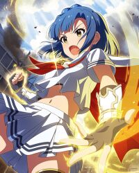  1girl amulet artist_request black_thighhighs blue_hair braid breasts cape capelet city commentary_request cowboy_shot emblem fighting_stance fingerless_gloves gauntlets gloves idol_heroes_(idolmaster) idolmaster idolmaster_million_live! idolmaster_million_live!_theater_days medium_breasts midriff mighty_sailor nanao_yuriko navel neckerchief official_art open_mouth pleated_skirt red_neckerchief school_uniform serafuku shirt short_hair short_sleeves simple_background skirt standing stomach thigh-highs two-tone_cloak white_capelet white_serafuku white_shirt white_skirt yellow_aura yellow_eyes 