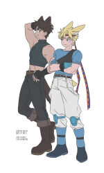  2boys animal_ears arm_behind_head battle_tendency blonde_hair boots brown_hair crop_top crossed_arms denim facial_mark fingerless_gloves flat_color gijojogi gloves green_eyes headband highres jeans jojo_no_kimyou_na_bouken joseph_joestar joseph_joestar_(young) knee_pads kujo_jolyne male_focus midriff multiple_boys pants rabbit_ears rabbit_tail scarf sleeveless sleeveless_turtleneck striped_clothes striped_scarf tail triangle_print turtleneck wolf_ears wolf_tail 