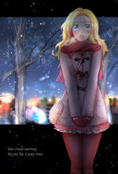  1girl :o bag bare_tree blonde_hair blue_eyes blush breath coat commentary_request english_text feet_out_of_frame fishnet_pantyhose fishnets grey_coat haley_(stardew_valley) lens_flare long_hair long_sleeves looking_at_viewer miniskirt mittens night open_mouth pantyhose pink_bag pink_skirt red_mittens red_pantyhose red_scarf scarf shoulder_bag shoulder_strap skirt snowflakes snowing solo stardew_valley toggles tree uneru v_arms winter winter_clothes 