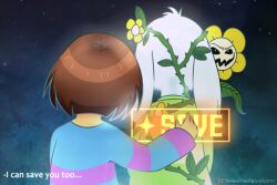  1other 2016 2boys 2d ambiguous_gender animal_ears anthro aqua_background artist_name asriel_dreemurr back behind_another black_sclera blue_shirt body_fur brown_hair child colored_sclera commentary dark_background digital_media double_horizontal_stripe droopy_ears english_commentary english_text fangs floppy_ears flower flowey_(undertale) frisk_(undertale) from_behind furry furry_male gameplay_mechanics goat goat_boy goat_ears gradient_background green_shirt horizontal-striped_clothes human leaf long_sleeves male mammal maxpainevolumn monster monster_boy multiple_boys pink_stripes plant shirt short_hair striped_clothes striped_shirt striped_sleeves text trio two-tone_shirt undertale upper_body utdr_(toby_fox) vines white_fur yellow_flower yellow_stripes 