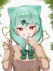 1girl absurdres artist_name bow bowtie breasts bright_pupils brown_sweater bulbasaur character_hair_ornament close-up collared_shirt commentary cone_hair_bun dress_shirt earclip eyelashes green_bow green_bowtie green_hair green_nails grin gyaru_bulbasaur_(shin_no_tenpii) hair_bun hair_ornament hairclip hand_to_own_mouth hands_up highres large_breasts leaf long_sleeves looking_at_viewer medium_hair nail_polish outdoors parted_lips personification pokemon portrait red_eyes school_uniform shirt sleeves_past_wrists smile solo sweater tree twitter_username upper_body white_background white_pupils white_shirt yume_tiem 