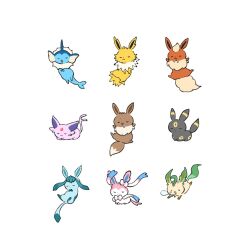  closed_eyes closed_mouth commentary_request drooling eevee espeon flareon glaceon jolteon leafeon lying no_humans nose_bubble open_mouth pokemon pokemon_(creature) pokemon_focus simple_background sleeping smile sylveon umbreon upiupisyo vaporeon white_background 