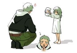  ! !! 1boy 1girl alien_stage barefoot black_jacket black_shoes commentary drawing_(object) dress green_pants grey_hair hashtag-only_commentary highres holding holding_drawing hood hoodie jacket jacket_over_hoodie long_hair pants raqann shoes short_hair smile squatting till_(alien_stage) very_short_hair white_dress white_hoodie 