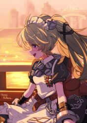  1girl animal_bag apron bear_bag belt black_bow black_dress blush bow breasts chain commentary_request corin_wickes cuffs dress from_side hair_between_eyes highres long_hair maid maid_apron maid_headdress open_mouth puffy_short_sleeves puffy_sleeves screw_hair_ornament short_sleeves sidelighting smile solo twintails violet_eyes water white_apron yumefukura zenless_zone_zero 