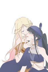 2girls amaya_tsubame black_hair blonde_hair blush chain colored_eyelashes commentary_request crop_top eyelashes flustered gakuen_idolmaster gold_chain gold_collar gold_necklace gold_shirt green_eyes hand_on_another's_cheek hand_on_another's_face hand_up headpiece headwrap high_ponytail highres idolmaster jewelry juo_sena kiss kissing_cheek long_hair multicolored_hair multiple_girls necklace open_mouth pink_streaks pinkblueke ponytail purple_shirt shirt sleeveless sleeveless_shirt streaked_hair sweatdrop very_long_hair violet_eyes white_background yuri 
