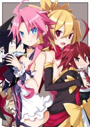  2boys 2girls adell_(disgaea) ahoge angel black_dress black_hair black_sleeves blonde_hair blue_bow blue_eyes bow breasts chibi commentary_request demon_girl disgaea dress fang fish_in_mouth hair_between_eyes highres holding_chibi iwashi_dorobou_-r- multiple_boys multiple_girls pink_hair ponytail red_bow red_eyes red_hair rozalin saber_kitty_(disgaea) short_ponytail smile valvatorez_(disgaea) vampire vulcanus_(disgaea_4) white_dress yellow_bow 