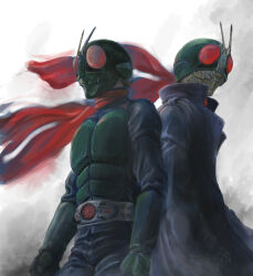  2boys absurdres antennae armor armored_bodysuit back-to-back black_bodysuit black_coat bodysuit breastplate bug clip_studio_paint_(medium) coat commentary compound_eyes cowboy_shot dust_cloud gloves glowing glowing_eyes grasshopper green_armor green_gloves green_helmet helmet highres kamen_rider kamen_rider_1 kamen_rider_1_(shin) kamen_rider_2 kamen_rider_2_(shin) leather_suit legs_together long_coat looking_ahead male_focus mask multiple_boys red_eyes red_scarf rider_belt saigonotatakaida scarf shin_kamen_rider standing tokusatsu typhoon_(kamen_rider) 