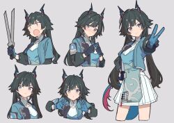  1girl :< arknights arknights:_endfield black_gloves black_hair blue_jacket blush chen_qianyu_(arknights) closed_mouth commentary_request dragon_girl dragon_horns dragon_tail gloves grey_background hand_on_own_hip hands_up holding holding_sword holding_weapon horns jacket long_hair low_twintails multiple_views open_mouth simple_background skirt steepled_fingers sword tail twintails v weapon white_skirt zhong_xiansheng 