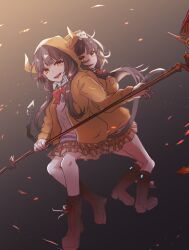  asakura_karen_(heaven_burns_red) black_hair bow bowtie dual_persona glowing glowing_eyes heaven_burns_red highres holding holding_scythe hood hoodie kinudoufu_ebot low_twintails orange_eyes red_bow red_bowtie school_uniform scythe twintails weapon 