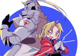  2boys ahoge alphonse_elric apron armor back-to-back belt belt_buckle black_gloves black_jacket black_pants black_shirt blonde_hair blue_background blush border braid brothers brown_belt buckle coat commentary_request edward_elric fighting_stance full_armor fullmetal_alchemist furrowed_brow gloves helmet highres horns jacket kan29 long_hair male_focus multiple_boys open_mouth own_hands_together pants parted_bangs plate_armor plume red_coat shirt shoulder_spikes siblings single_braid single_horn smile spikes upper_body waist_apron white_apron white_border white_gloves yellow_eyes 