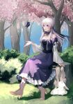  1girl absurdres animal bangs brown_footwear bug butterfly cherry_blossoms commentary detached_sleeves dress english_commentary fire_emblem fire_emblem:_three_houses floating_hair grass hair_between_eyes high_heels highres lips long_hair looking_away lysithea_von_ordelia outdoors parted_lips pave_choco petals pink_eyes pink_lips plant purple_dress rabbit sitting tree veil white_hair white_sleeves wide_sleeves 