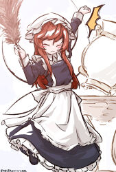  1girl :3 ^^^ absurdres apron arm_up artist_name back_bow blue_dress blush bow chinese_commentary closed_eyes closed_mouth collared_shirt commentary_request dated dress duster facing_viewer fairy_maid_(touhou) fairy_wings hat highres holding holding_duster leg_up long_hair long_sleeves maid one-hour_drawing_challenge red_hair shirt solo touhou vase ve1024 waist_apron white_apron white_bow white_hat white_shirt wings 