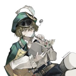  1girl :/ artist_name black_shorts brown_hair cape closed_mouth commentary english_commentary green_cape green_eyes green_hat hat hat_feather highres holding holding_notebook holding_quill maruma_gozu newsboy_cap notebook pantyhose quill reading recoleta_(reverse:1999) reverse:1999 shirt short_hair shorts solo squiggle upper_body white_background white_pantyhose white_shirt 