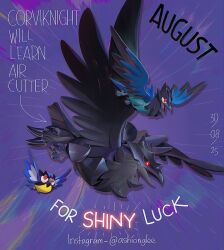  animal_focus arrow_(symbol) ashionglee bird black_sclera bright_pupils character_name closed_mouth colored_sclera commentary corviknight corvisquire dated emphasis_lines english_commentary english_text flying full_body instagram_username no_humans open_mouth pokemon pokemon_(creature) pokemon_focus purple_background red_eyes rookidee white_pupils 