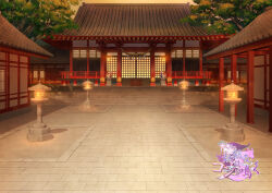  architecture box copyright_logo donation_box dusk east_asian_architecture fox_statue logo mizui_xl no_humans official_art orange_sky outdoors pavement rope running_bond scenery shide shimenawa shrine sky stairs statue stone_lantern tile_roof tree youko-san_wa_kon_to_naku 