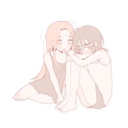  2girls alien_stage barefoot black_dress black_hair black_shorts coldmeow commentary crying dress english_commentary flying_sweatdrops highres knees_up long_hair mizi_(alien_stage) multiple_girls open_mouth pink_hair short_hair shorts signature sitting sua_(alien_stage) tank_top tears very_long_hair white_background white_tank_top yellow_eyes 