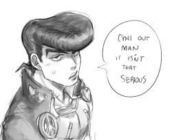  1boy black_hair diamond_wa_kudakenai earrings eyelashes greyscale higashikata_josuke highres jewelry jojo_no_kimyou_na_bouken male_focus monochrome nipple_zipper open_mouth peace_symbol pompadour rimmybone sketch solo speech_bubble sweat 