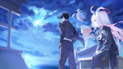  1boy 2girls absurdres arona_(blue_archive) belt black_belt black_boots black_coat black_hair black_headband black_pants black_pantyhose black_sailor_collar black_serafuku black_skirt black_suit blue_archive blue_hair blue_halo blue_shirt boots classroom clouds coat colored_inner_hair commentary_request cropped_shirt floating_clothes floating_hair from_behind halo hand_in_pocket headband highres iv_(iv70311741) jacket layered_sleeves long_hair looking_ahead multicolored_hair multiple_girls ocean on_table pants pantyhose pink_hair pink_halo plana_(blue_archive) pleated_skirt sailor_collar school_uniform sensei_(blue_archive) serafuku shirt short_hair skirt sky standing star_(sky) suit suit_jacket table white_hair white_headband white_sailor_collar white_shirt white_skirt wooden_table 