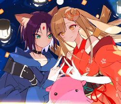  2girls absurdres animal_ear_fluff animal_ears bare_shoulders black_choker blonde_hair blue_hoodie blue_kimono blush chinese_commentary cho_kaguya-hime! choker closed_mouth clothing_cutout collarbone commentary_request crescent crescent_hair_ornament curtained_hair expressionless eye_contact fox_ears fox_shadow_puppet fox_shadow_puppet_kiss green_eyes hair_ornament hanaseto highres hood hood_down hoodie japanese_clothes kaguya_(cho_kaguya-hime!) kimono looking_at_another lop_rabbit_ears medium_hair multiple_girls orange_eyes rabbit_ears red_kimono sakayori_iroha shoulder_cutout smile umbrella_octopus watermark weibo_watermark yuri 