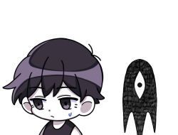  1boy antenna_hair black_eyes black_hair black_tank_top chibi chibi_only closed_mouth colored_skin commentary double-parted_bangs hair_between_eyes hashtag-only_commentary highres male_focus omori omori_(omori) reii163 short_hair simple_background solo something_(omori) sweatdrop tank_top white_background white_skin 