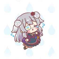  1girl black_boots blue_dress blue_flower blue_rose blush_stickers boots chestnut_mouth chibi closed_eyes commentary_request copyright_request dress eyepatch facing_viewer floral_print flower flying_sweatdrops grey_hair hair_flower hair_ornament hand_up highres long_sleeves mitarashi_neko parted_lips red_flower red_rose rose simple_background solo tears two_side_up virtual_youtuber white_background white_flower white_rose yellow_flower yellow_rose 