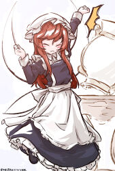  1girl :3 ^^^ absurdres apron arm_up artist_name back_bow blue_dress blush bow closed_eyes closed_mouth collared_shirt commentary_request dated dress facing_viewer fairy_maid_(touhou) fairy_wings hat highres leg_up long_hair long_sleeves maid one-hour_drawing_challenge red_hair shirt solo touhou vase ve1024 waist_apron white_apron white_bow white_hat white_shirt wings 