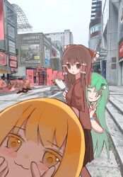  6+girls :3 bat_wings black_hair black_wings blonde_hair blue_hair blush bow brown_hair brown_shirt brown_skirt closed_mouth commentary_request contemporary crystal_wings feathered_wings flandre_scarlet food frilled_bow frilled_hair_tubes frills from_side green_eyes green_hair hair_bow hair_tubes hakurei_reimu hand_up hands_up hat highres holding holding_food holding_popsicle kirisame_marisa kneeling kochiya_sanae long_hair medium_hair mob_cap multiple_girls one_eye_closed outdoors photo_background pink_shirt pink_skirt popsicle puffy_short_sleeves puffy_sleeves red_bow red_skirt red_vest remilia_scarlet shameimaru_aya shenjianwuzhi shirt short_sleeves skirt skirt_set standing sweatdrop taking_picture tokin_hat touhou turning_head v vest white_hat white_shirt wide_shot wings wristband yellow_eyes 