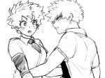  2girls bakugou_katsuki blush boku_no_hero_academia breasts collared_shirt commentary english_commentary freckles genderswap genderswap_(mtf) greyscale highres long_hair looking_at_another looking_at_viewer looking_back midoriya_izuku monochrome multiple_girls necktie open_mouth qhsrp_moy school_uniform shirt short_hair short_sleeves simple_background sketch spiky_hair u.a._school_uniform white_background 
