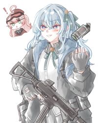  ! 2girls ahoge alternate_color armband bag beret black_gloves black_jacket black_necktie black_ribbon black_skirt blue_armband blue_eyes blue_hair blue_jacket blue_ribbon blush center-flap_bangs chibi coat collared_shirt commentary contrast_collar cosplay crossed_bangs dress_shirt female_commander_(girls'_frontline) female_commander_(girls'_frontline)_(cosplay) fingerless_gloves girls_frontline gloves goggles goggles_on_head green_eyes gun h&amp;k_ump hair_between_eyes hair_ornament hair_ribbon hairpin hat highres hololive hood hood_down hooded_jacket hoshimachi_suisei jacket long_hair long_sleeves magazine_(weapon) multiple_girls neck_ribbon necktie one_side_up open_clothes open_jacket orakuru_(oracle_art) parted_lips pink_hair red_coat red_hat ribbon sakura_miko shirt shoulder_bag simple_background skirt smile smoke_grenade star_(symbol) star_in_eye submachine_gun suppressor symbol_in_eye tilted_headwear tossing triangle_mouth trigger_discipline two-sided_fabric two-sided_jacket ump45_(girls'_frontline) ump45_(girls'_frontline)_(cosplay) untranslatable_commentary upper_body vertical_foregrip virtual_youtuber weapon white_background white_shirt 