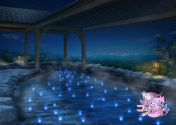  architecture bush clouds commentary_request copyright_logo east_asian_architecture hitodama logo mizui_xl night no_humans official_art onsen outdoors rock scenery steam stone_lantern tile_roof tree water youko-san_wa_kon_to_naku 