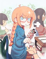  3girls absurdres aged_down animal_charm artist_name backpack bag black_hair blue_eyes blue_sweater blush book bracelet braid braided_ponytail cat_charm chair charm_(object) classroom colo_(nagrolaz) commentary cowlick desk dog english_commentary food_print freckles fruit_print glasses green_sweater highres jewelry looking_at_viewer medium_hair multiple_girls notebook orange_hair pencil ponytail pout pov red-framed_eyewear red_skirt red_sweater rita_(sweethex) school_chair short_hair sidelocks sitting skirt strawberry_print sweater sweethex tree 