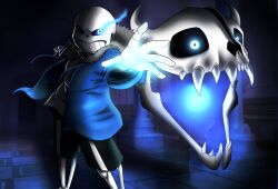 1boy 2017 2d 3d_background black_shorts blue_background blue_hood blue_jacket borrowed_background commentary dark digital_media drawstring english_commentary floor foreshortening fur-trimmed_jacket gasterblaster genocide_route_(undertale) glowing glowing_eye grey_fur hallway hollow_eyes hood hood_down hooded_jacket humanoid indoors jacket legs_apart long_sleeves male male_focus male_only maxpainevolumn monster monster_boy open_clothes open_jacket sans_(undertale) shirt shorts single_vertical_stripe skeleton skull solo standing striped_shorts teeth tiled_floor tiles undead undertale utdr_(toby_fox) vertical-striped_clothes vertical-striped_shorts white_shirt white_stripes