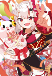  absurdres bare_shoulders birthday_cake cake commentary fang food fruit hair_between_horns happy_birthday heart highres hololive horn_ornament horns katana looking_at_viewer mk_haku multicolored_hair nakiri_ayame nakiri_ayame_(1st_costume) oni open_mouth poyoyo_(nakiri_ayame) red_eyes red_hair skin_fang strawberry sword untranslatable_commentary v virtual_youtuber weapon white_hair 