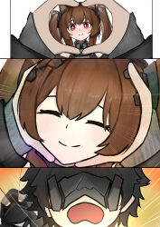  1boy 1girl 1other absurdres ambiguous_gender angelina_(arknights) animal_ear_fluff animal_ears arknights arknights:_endfield black_hair black_mask blindfold_mask blush bright_pupils brown_hair closed_eyes commentary doctor_(arknights) double-parted_bangs dress emphasis_lines endministrator_(arknights) english_commentary fox_ears fox_girl gilberta_(arknights) grey_dress hair_between_eyes hands_on_another's_face headpiece highres hood hood_up hooded_coat in-franchise_crossover laser_sight long_hair looking_at_viewer male_endministrator_(arknights) mask open_mouth pov pov_hands red_eyes smile snoot_challenge split_mouth twintails wawamachi white_background white_pupils 