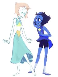  2girls bare_arms blue_eyes blue_hair blue_skin colored_skin commentary cosplay costume_switch crop_top dress english_commentary forehead_jewel full_body gem gem_(steven_universe) highres lapis_lazuli_(steven_universe) long_skirt looking_at_another midriff multiple_girls non-web_source pearl_(gemstone) pearl_(steven_universe) pointy_nose ray_geiger shirt short_hair simple_background skirt star_(symbol) steven_universe white_background white_skin 