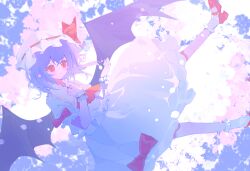  1girl absurdres ascot bat_wings blue_theme bow closed_mouth collared_shirt commentary_request fingernails frilled_shirt frilled_wrist_cuffs frills full_body hand_up hat highres loafers looking_at_viewer mob_cap nail_polish pink_hat pink_shirt pink_skirt puffy_short_sleeves puffy_sleeves purple_hair red_ascot red_bow red_eyes red_nails red_shoes remilia_scarlet sharp_fingernails shenjianwuzhi shirt shoes short_hair short_sleeves skirt skirt_bow skirt_set socks solo touhou white_socks white_wrist_cuffs wings wrist_cuffs 