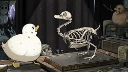  2girls animal_ear_hairband animal_ears bird bird_skeleton black_eyes blonde_hair blue_eyes bunny_nun_(diva) chicken clumsy_nun_(diva) commentary darkness diva_(hyxpk) duck english_commentary eyelashes fake_animal_ears grey_hair hair_ornament hairband highres lightning little_nuns_(diva) multiple_girls nervous_sweating nun rabbit_ear_hairband rabbit_ears rabbit_hair_ornament skeleton storm sweat traditional_nun 