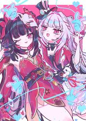  2girls absurdres aha_(honkai:_star_rail) armpits bell bismas_bi black_gloves black_hat blunt_bangs braid breasts butterfly-shaped_pupils choker clothing_cutout club_(shape) commentary_request detached_sleeves diamond_(shape) diamond_facial_mark diamond_on_cheek facial_mark flower frilled_sleeves frills gloves gun hair_intakes hat hat_ornament heart heart_facial_mark heart_on_cheek heart_print highres holding holding_gun holding_weapon honkai:_star_rail honkai_(series) long_hair mark_under_both_eyes mini_hat mini_top_hat multicolored_hair multiple_girls o-ring o-ring_choker obi one_eye_closed open_mouth pink_background pink_eyes plum_blossoms poker rabbit_ear_headwear rabbit_hat_ornament sash shoulder_cutout single_glove sparkle_(honkai:_star_rail) sparxie_(honkai:_star_rail) standing streaked_hair supplicant_mask symbol-shaped_pupils thumbs_up_emoji tongue tongue_out top_hat twintails very_long_hair water_balloon water_yoyo weapon white_hair 