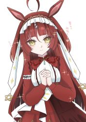  1girl ahoge animal_ears blunt_bangs blunt_ends blunt_sidelocks blush closed_mouth commentary_request dress freddo frilled_hairband frills hair_between_eyes hairband highres horse_ears horse_girl interlocked_fingers layered_hair long_hair long_sleeves looking_at_viewer own_hands_clasped own_hands_together red_desire_(umamusume) red_dress red_hair red_hairband red_headdress red_veil sidelocks simple_background smile solo star_ornament umamusume veil yellow_eyes 