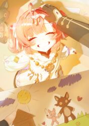  1boy 1girl absurdres adoptive_parent_and_adoptive_child aemeath_(wuthering_waves) aemeath_(young)_(wuthering_waves) ahoge child's_drawing closed_eyes commentary crayon drawing_(object) dress facing_up facing_viewer grin hair_intakes headpat highres holding holding_crayon holding_drawing long_sleeves male_rover_(wuthering_waves) pink_hair pov riruru_(dlarp0309) rover_(wuthering_waves) smile stuffed_animal stuffed_cat stuffed_toy tacet_mark_(wuthering_waves) white_dress wuthering_waves 